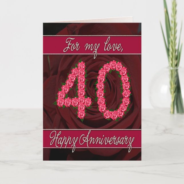 Carte d'anniversaire 40 ans avec roses et feuilles (Devant)