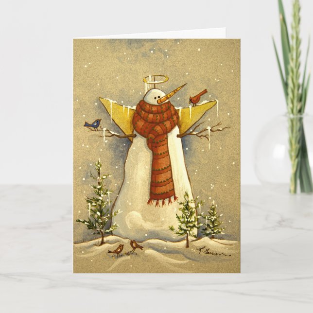 Carte d'anniversaire 4907 Ange de neige et oiseaux (Devant)