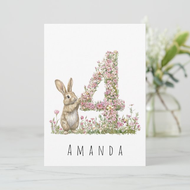 Carte d'anniversaire 4 ans Lapin Floral (Debout devant)