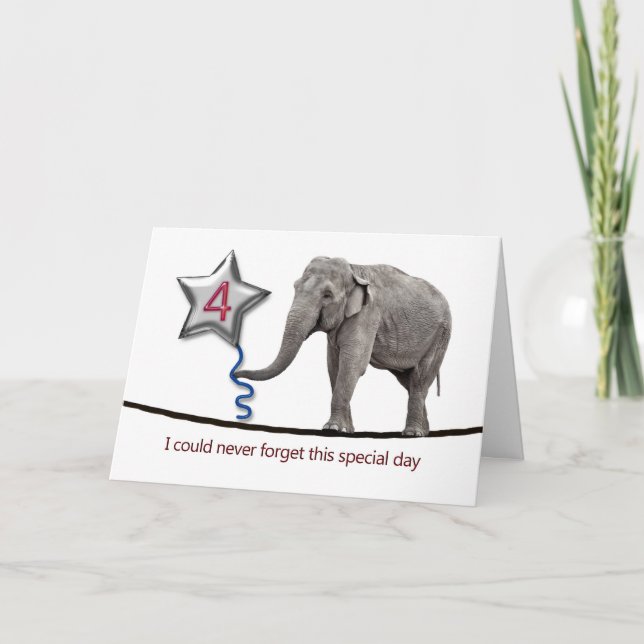 Carte d'anniversaire 4e avec l'éléphant à corde (Devant)