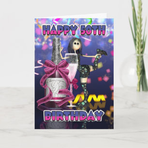 Carte d'anniversaire 50e - Poupée de Champagne Rag