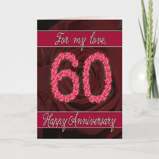 carte d'anniversaire 60 ans avec roses et feuilles (Devant)