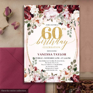 Carte d'anniversaire 60 ans florale burgundy bohèm