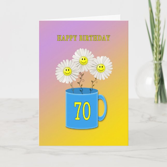 Carte d'anniversaire 70e avec fleurs joyeux et sou (Devant)