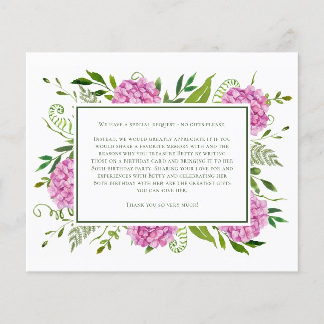 Carte d'anniversaire 80 ans avec des hortensias ro (Devant)