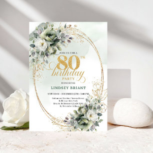 Carte d'anniversaire 80 ans Florale Verte et Blanc