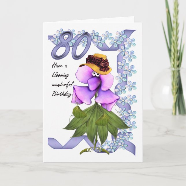 Carte d'anniversaire 80e avec lune jolies fleurs, (Devant)