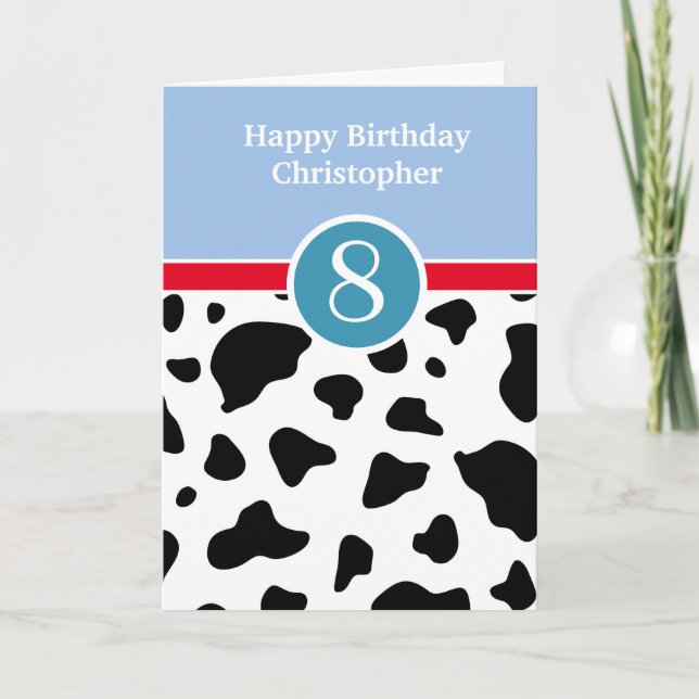 Carte d'anniversaire 8 ans à motif vache et bleu (Devant)