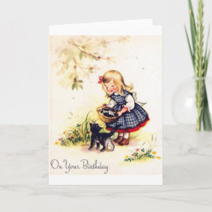 Carte d'anniversaire adorable Petite fille et chat