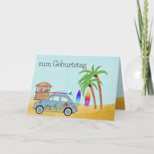Carte d'anniversaire allemande Aloha Surf Fiat 500 (Devant)