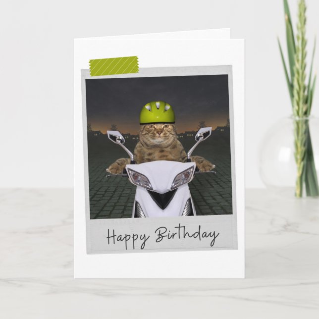 Carte d'anniversaire amusante pour le chat-moto (Devant)