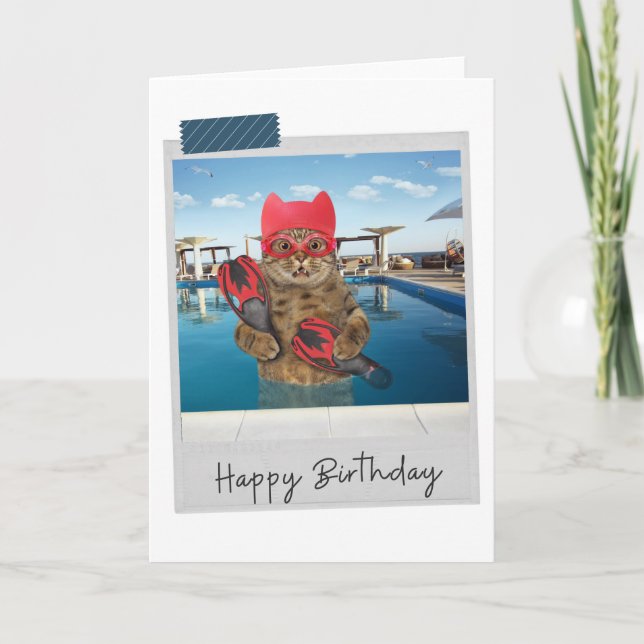 Carte d'anniversaire amusante pour le chat nageur (Devant)