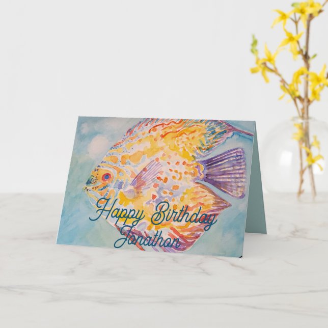 Carte d'anniversaire aquarelle Poisson couleur arc (Fleur jaune)