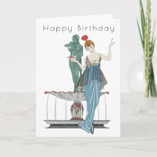 Carte d'anniversaire Art Déco avec fontaine de fem