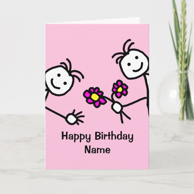Carte d'anniversaire avec des fleurs et des enfant (Devant)