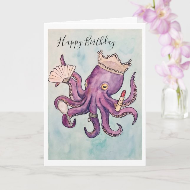 Carte d'anniversaire avec dessin de poulpe (Orchidée)