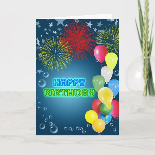 Carte d'anniversaire avec feux d'artifice et ballo (Devant)