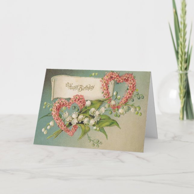 Carte d'anniversaire avec les coeurs et le muguet (Devant)