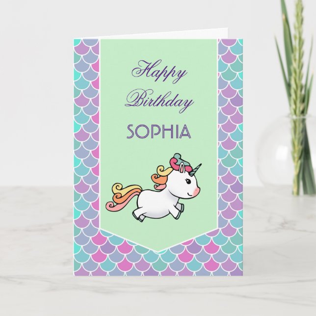Carte d'anniversaire avec licorne et écailles de s (Devant)