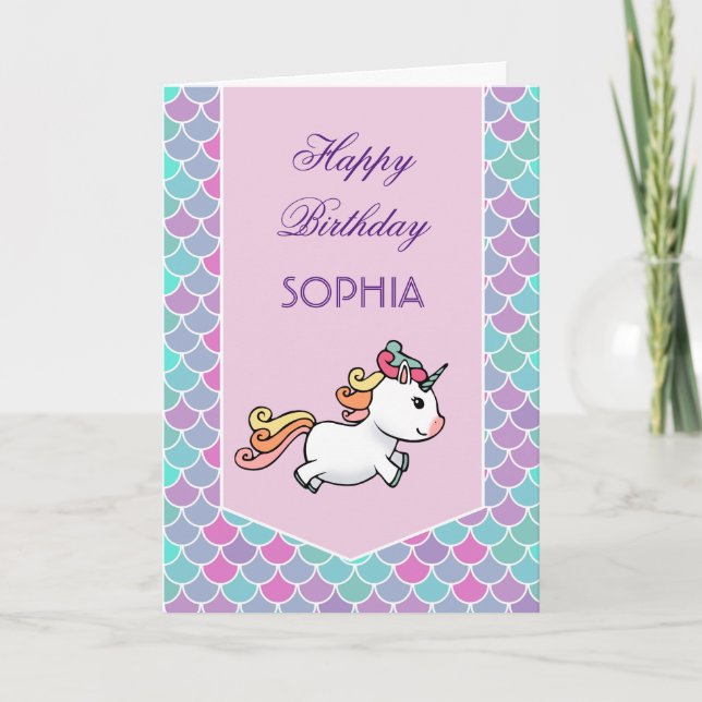 Carte d'anniversaire avec licorne et écailles de s (Devant)