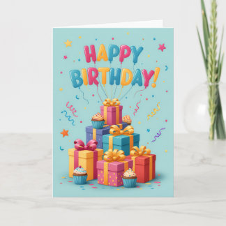 Carte d'anniversaire avec pile de cadeaux colorés