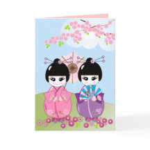 Carte d'anniversaire avec poupées japonaises & fle