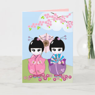 Carte d'anniversaire avec poupées japonaises & fle
