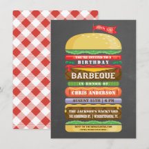 Carte d'anniversaire BBQ avec hamburger empilé sur