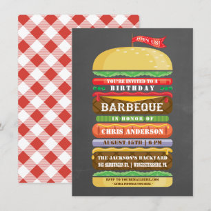 Carte d'anniversaire BBQ avec hamburger empilé sur