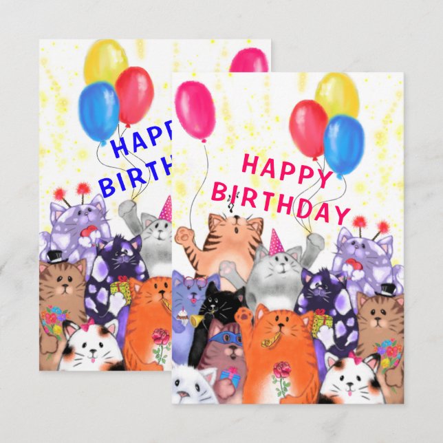 Carte d'anniversaire bébé avec Happy Cats Party (Devant / Derrière)