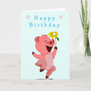 Carte d'anniversaire bébé Piglet rose avec Fleur m
