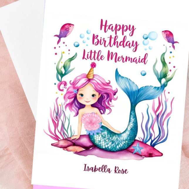 Carte D'Anniversaire Bleu Et Rose Sirène Pour Fill (Personalized Mermaid Birthday Card)