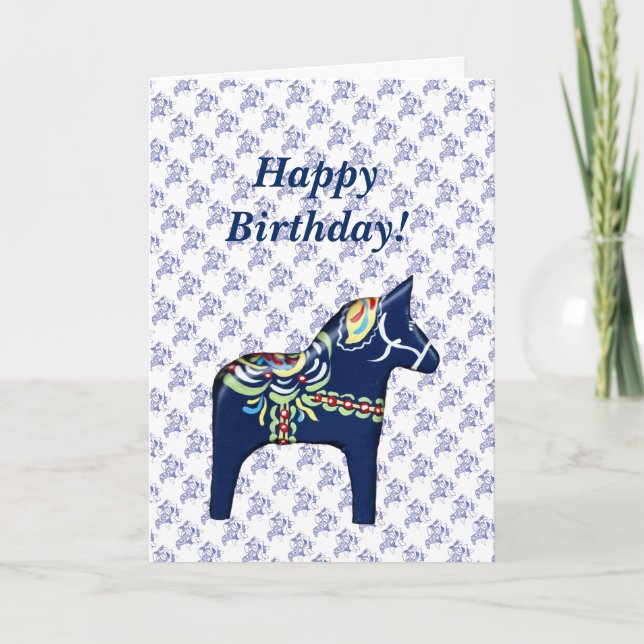 Carte d'anniversaire bleue de cheval de Dala (Devant)