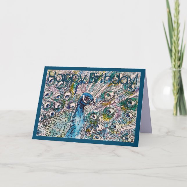 Carte d'anniversaire Blue Peacock Aquarelle et enc (Devant)