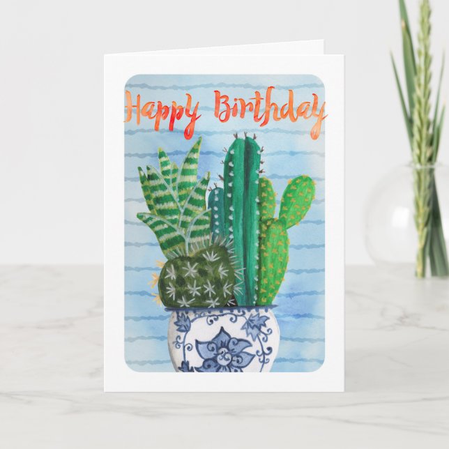 Carte d'anniversaire Cactus vert tropical tendance (Devant)