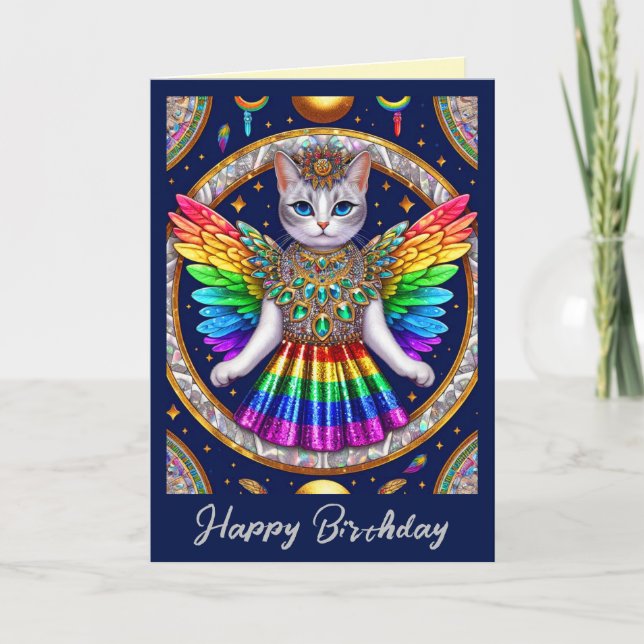 Carte d'anniversaire | Chat ange de la fierté arc- (Devant)