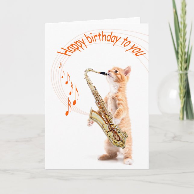 Carte d'anniversaire chat avec saxophone (Devant)