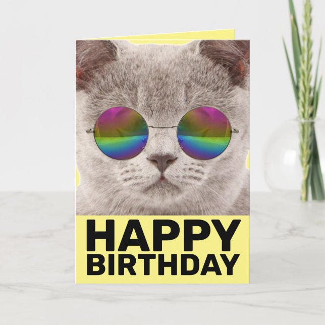 CARTE D'ANNIVERSAIRE CHAT cool, PORTANT DES LUNETT (Devant)