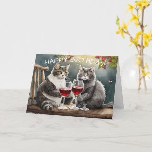 Carte d'anniversaire Chats buvant du vin !