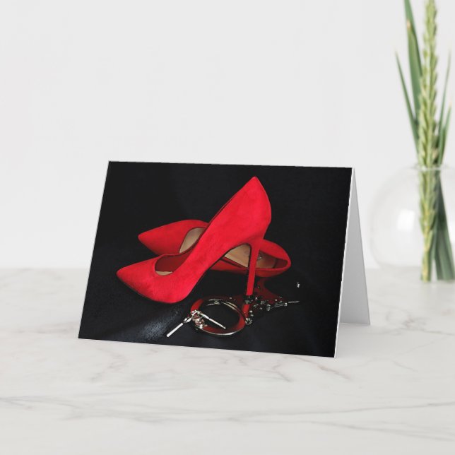 CARTE D'ANNIVERSAIRE COQUINE TALONS HAUTS & MENOTT (Devant)
