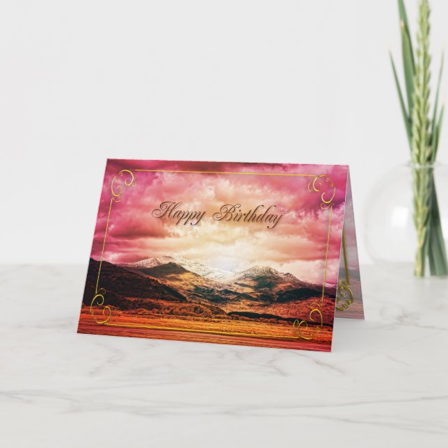 Carte d'anniversaire, coucher de soleil sur les mo (Devant)