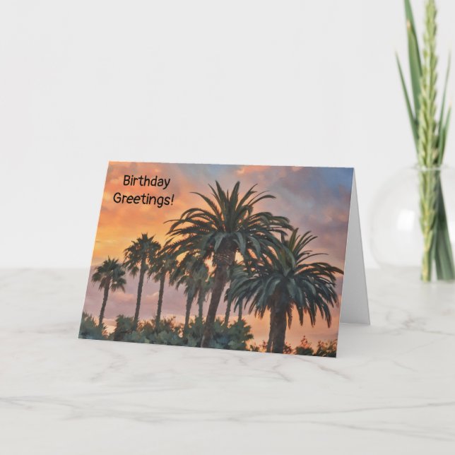 Carte d'anniversaire coucher et palmiers (Devant)