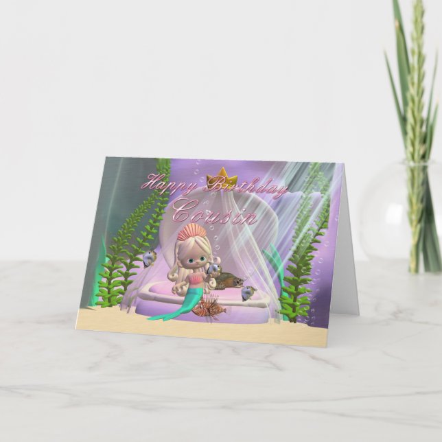 Carte d'anniversaire Cousine avec petite sirène et (Devant)