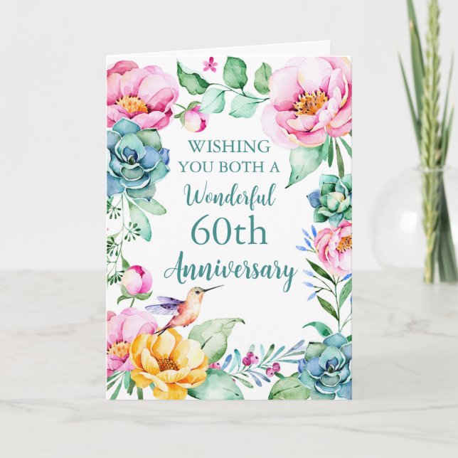 Carte d'anniversaire de 60e Mariage Watercolor Flo (Devant)