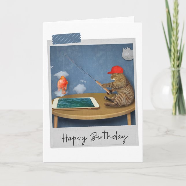 Carte d'anniversaire de chat de pêche virtuelle (Devant)