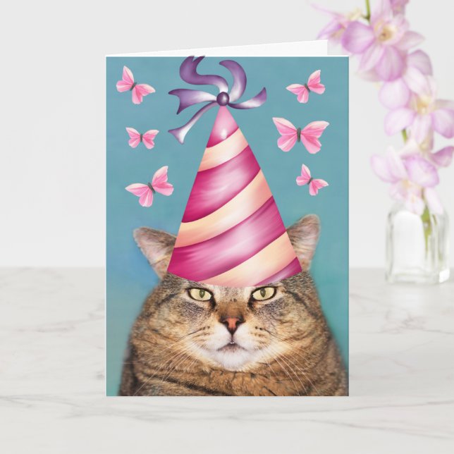 Carte d'anniversaire de chats et papillons amusant (Orchidée)