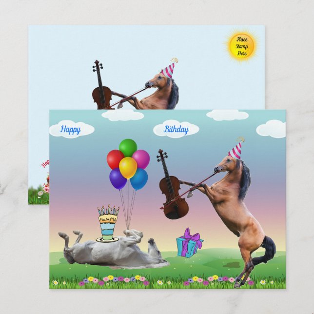 Carte d'anniversaire de cheval jouant du violon (Devant / Derrière)
