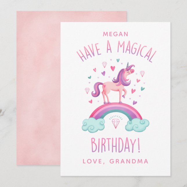 Carte d'anniversaire de fille à arc-en-ciel magiqu (Devant / Derrière)