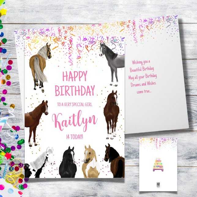 Carte d'anniversaire de fille de cheval avec nom e (Horse Lover Birthday Card with Name and Age, many horses different colors)