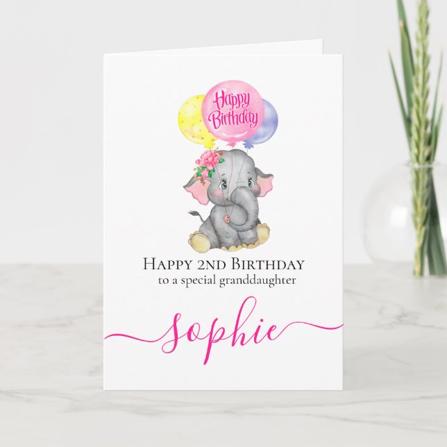 Carte d'anniversaire de fille d'éléphant rose (Devant)